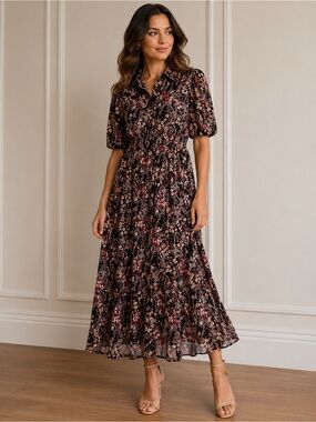 VICI Black Floral Maxi Dress Puff Sleeve Collared Boho Cottagecore Small